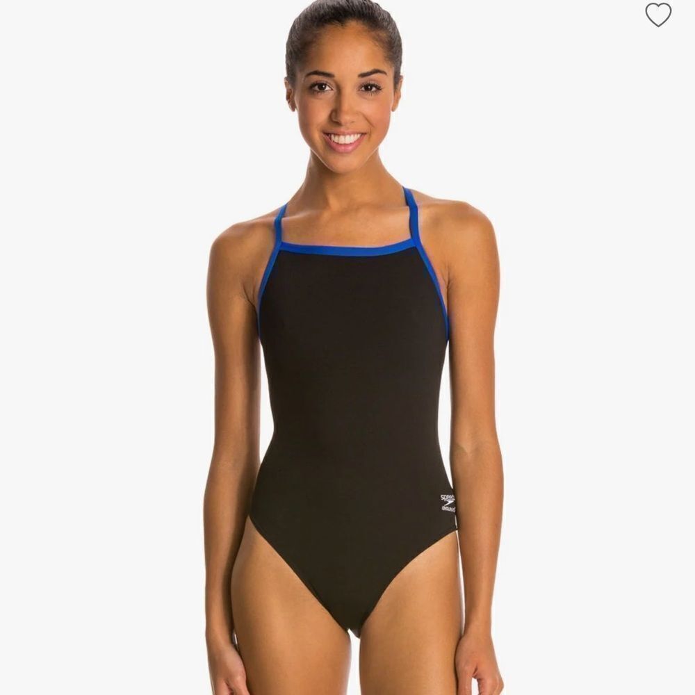 NWT New SPEEDO Solid Endurance+ Flyback Racing Swimsuit Black Blue Trim 22